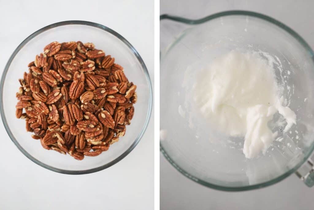 Whipped egg whites next to a bowl full of pecans.
