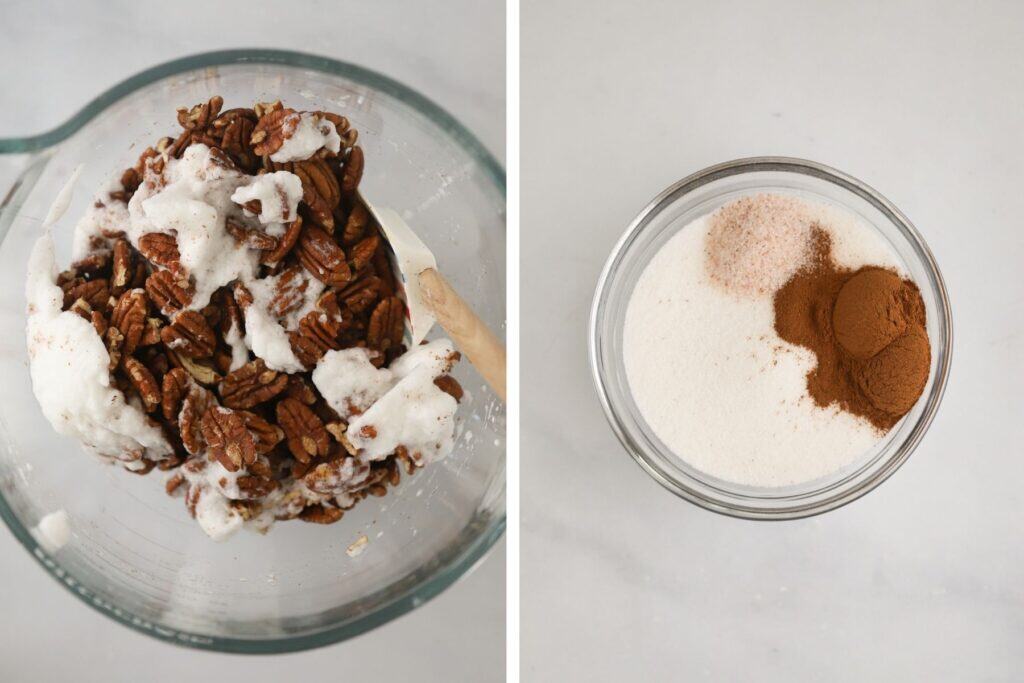 Whipped egg whites folded into pecans.