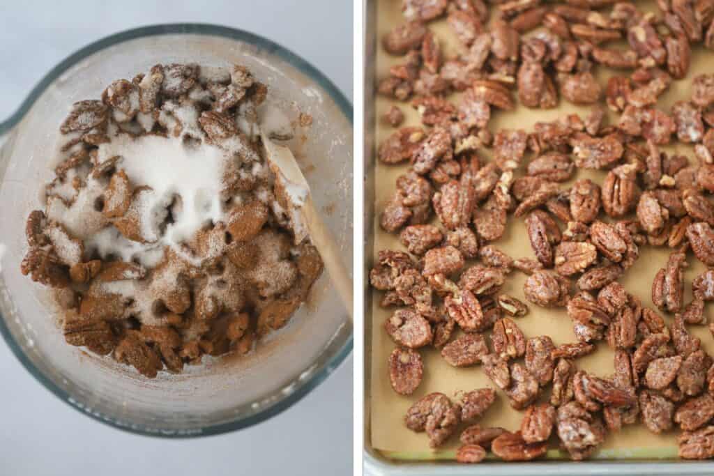Adding sugar to candied pecans in a bowl.