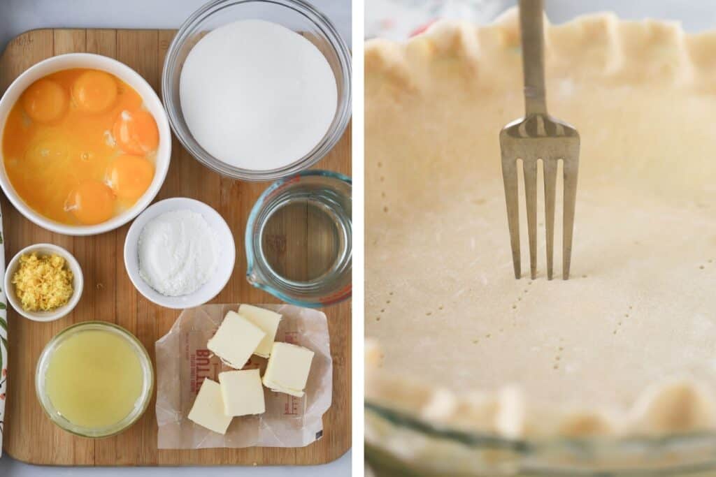 Ingredients to make pie dough, and pie dough rolled out in a pie plate with a fork making small pricks.