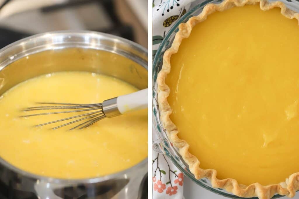 Lemon filling cooking in a pot, and lemon filling added to a parbaked pie crust.