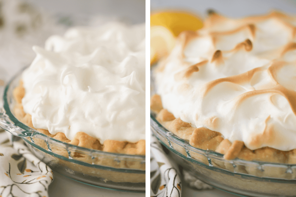 Lemon meringue pie meringue on top of the pie, toasted until golden brown.