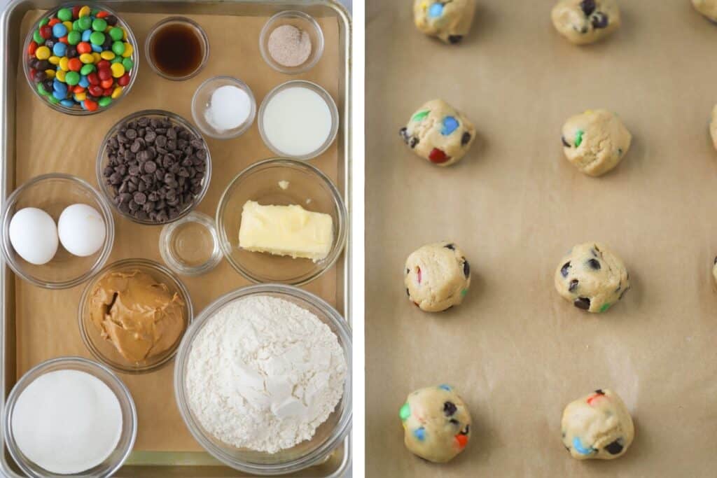 All of the ingredients to make peanut butter and M&M cookies in separate ramekins.