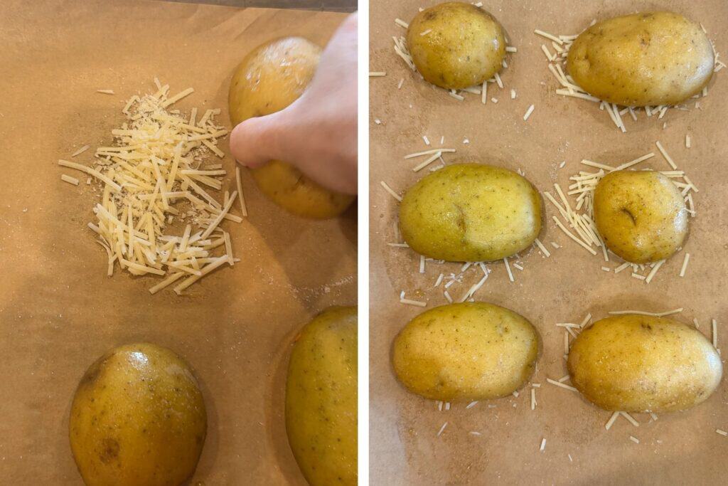 Placing the potatoes halves onto the baking dish, on top of grated Parmesan cheese.