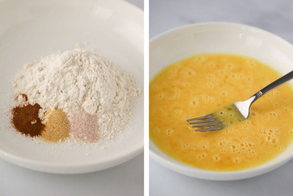 Ingredients for dreading chicken breasts in two separate bowls.