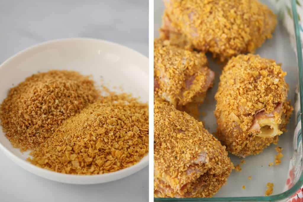 A bowl full of crushed Cornflakes for breading chicken alongside breaded chicken cordon bleu in a baking dish.