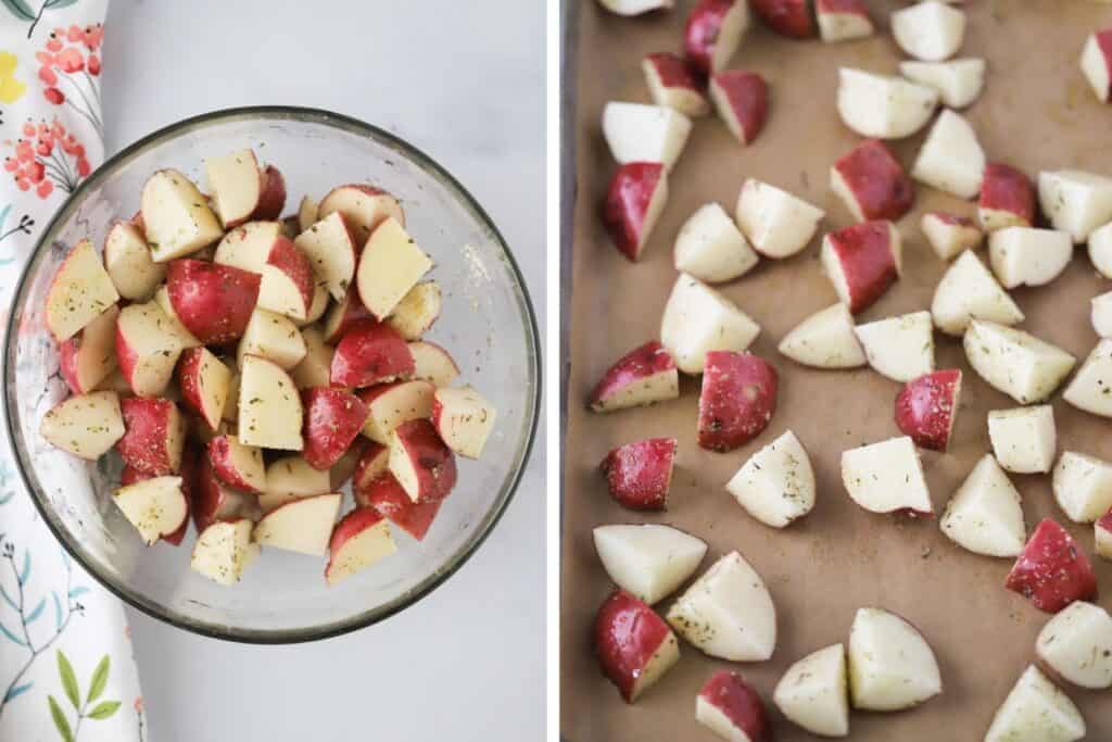 A glass mixing bowl with large chunks of potato being tossed in the seasoning.