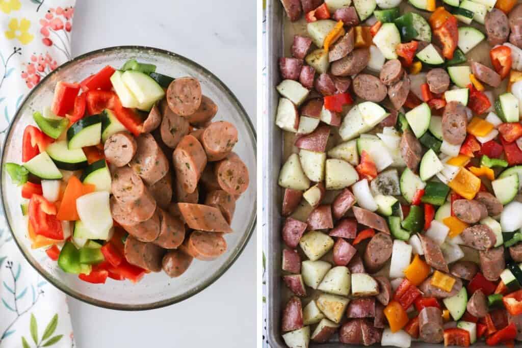A glass mixing bowl full of sliced sausage and cut veggies.