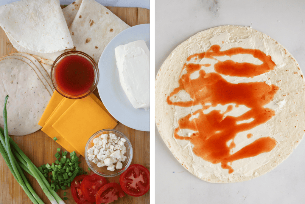 All of the ingredients used for making buffalo chicken pinwheels on a cutting board.