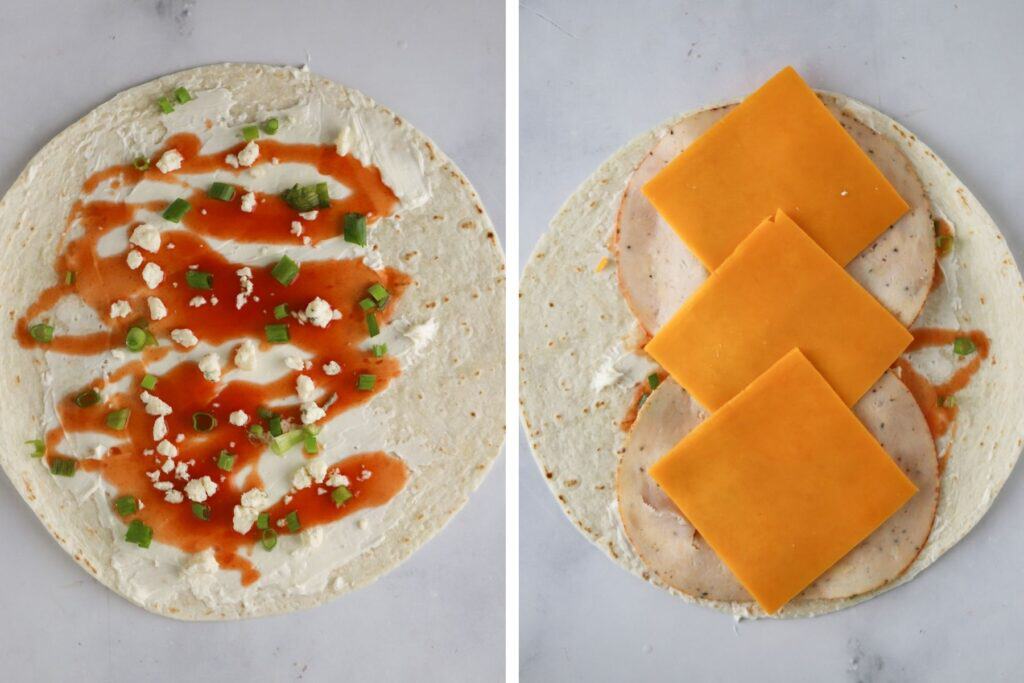 A tortilla with cream cheese and buffalo sauce spread over the top, followed by sliced chicken, sliced cheese, and green onions.