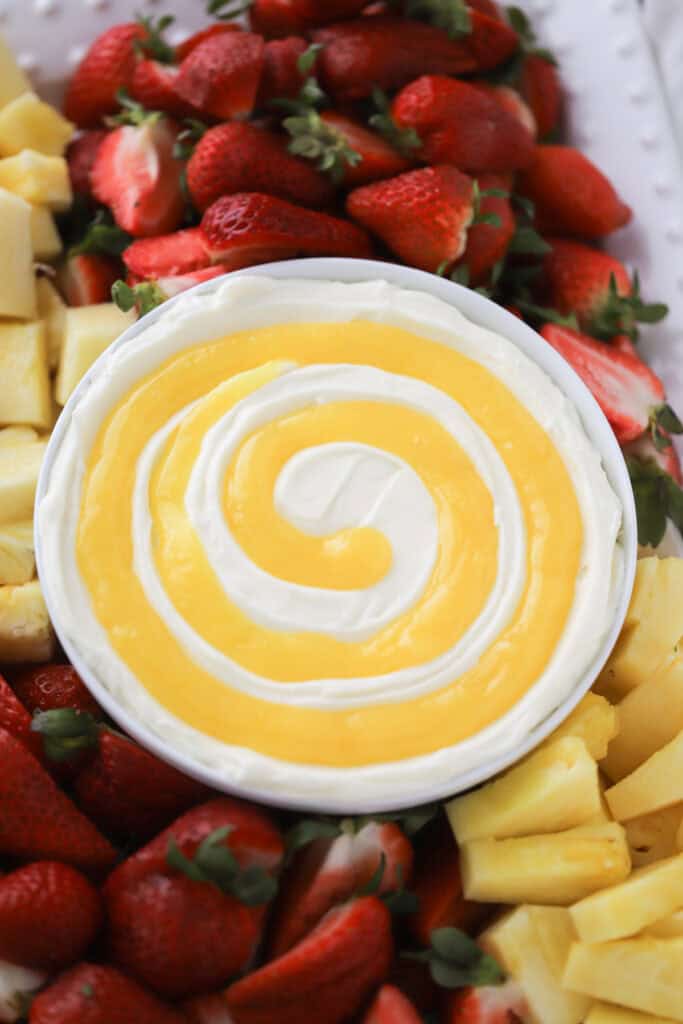 lemon cream cheese fruit dip with lemon curd.
