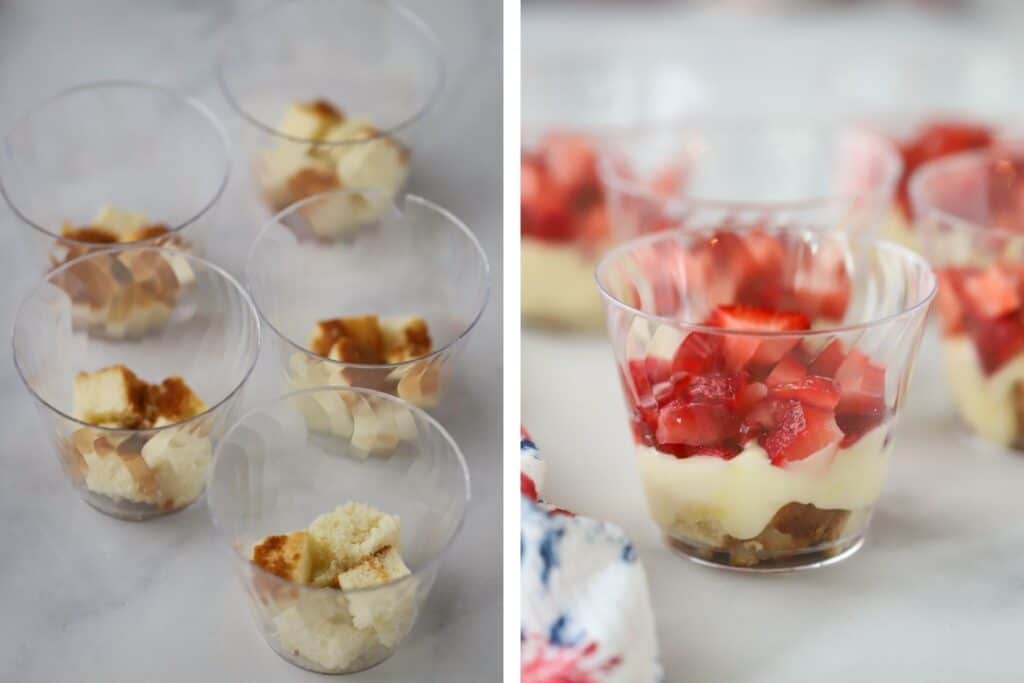 Plastic cups with pound cake, custard filling, and strawberries layered inside.