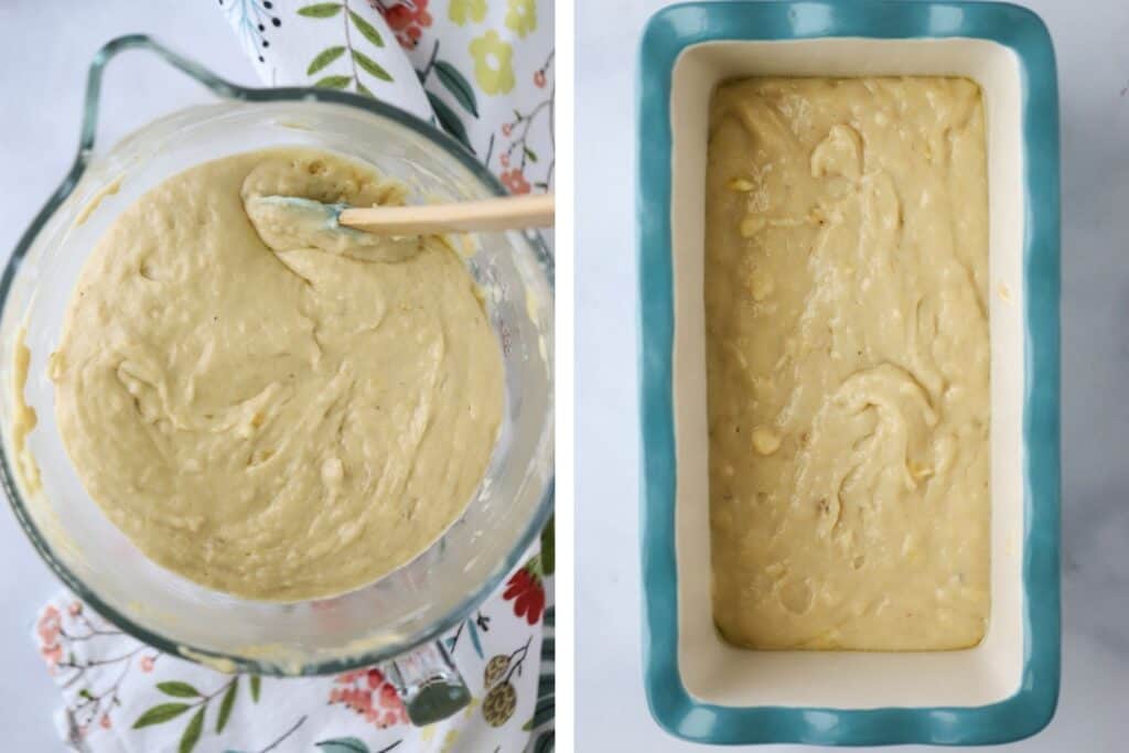 A glass mixing bowl and a glass loaf pan with banana bread batter.