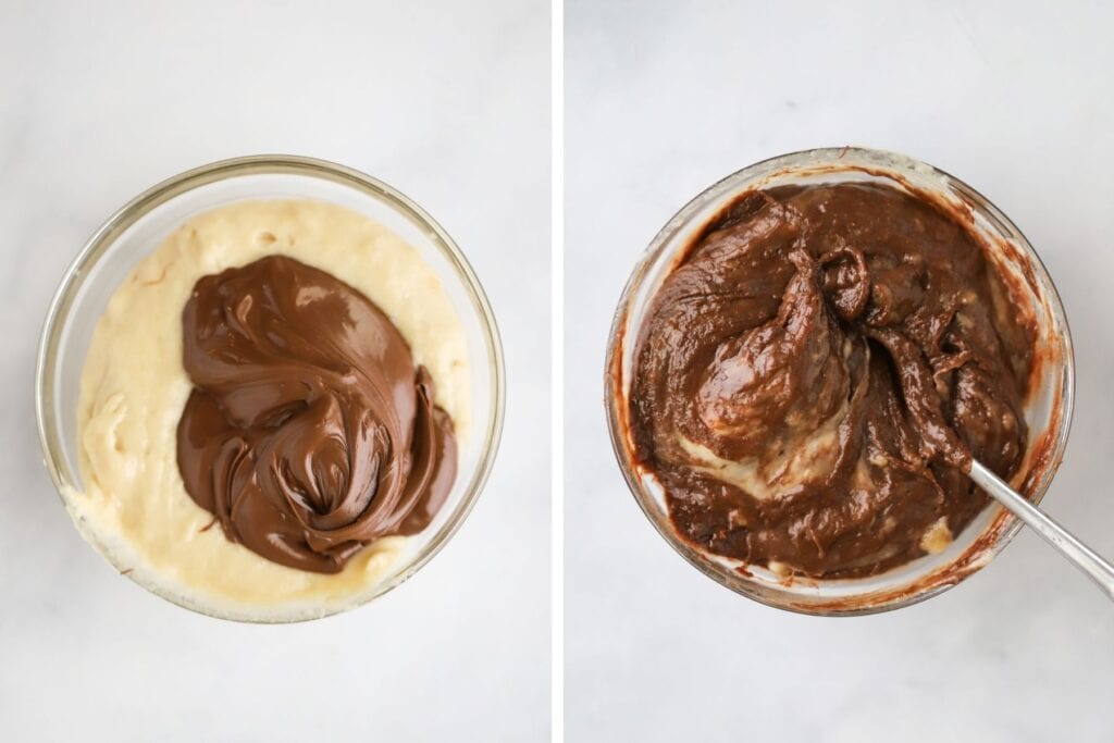 Banana bread batter with nutella being mixed into it.