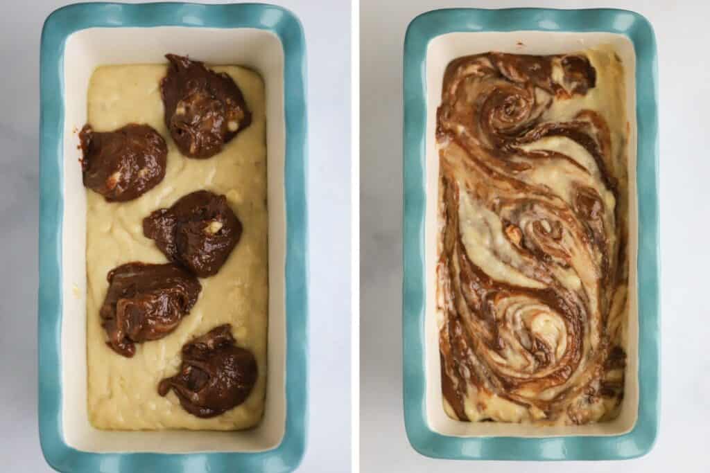 Banana bread batter in a loaf pan with dollops of Nutella.