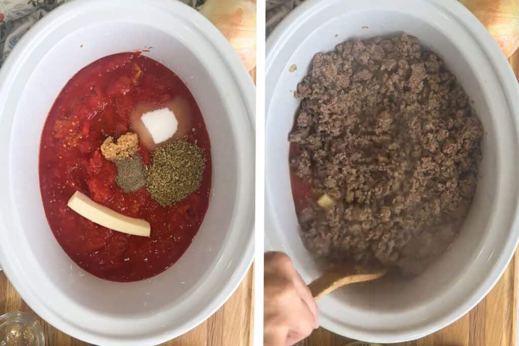 A slow cooker showing ground beef, tomatoes, and other ingredients for making bolognese sauce.