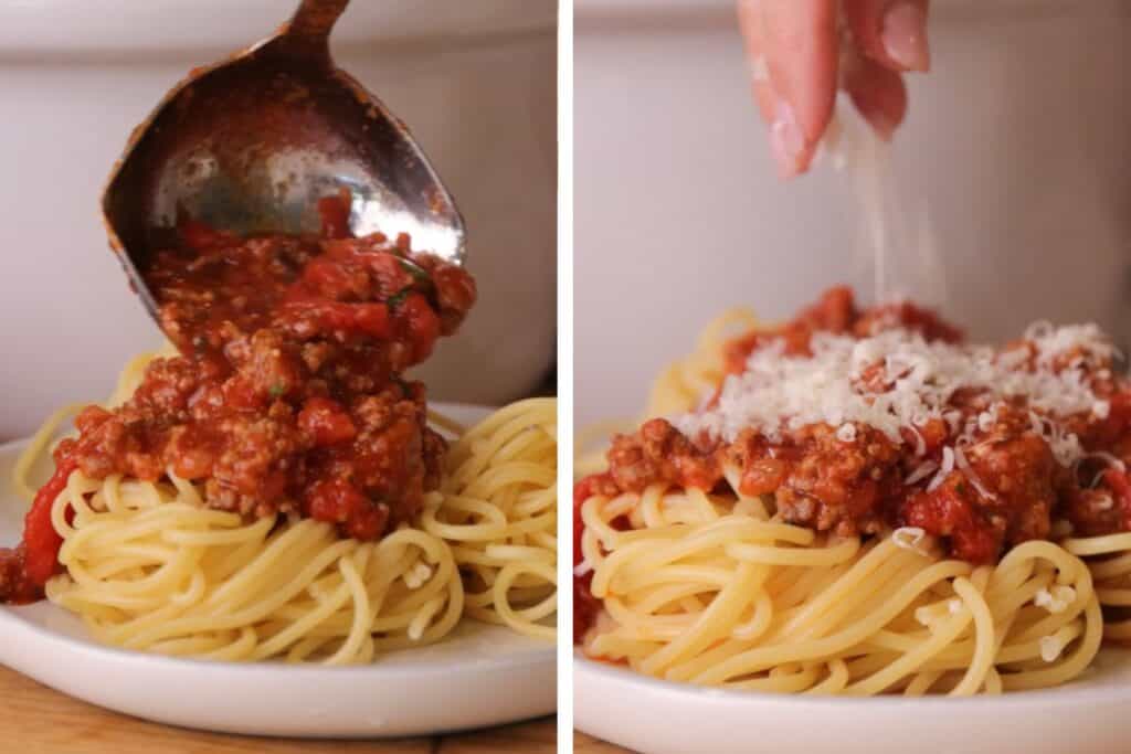 A ladle scooping meat sauce over a plate of spaghetti.
